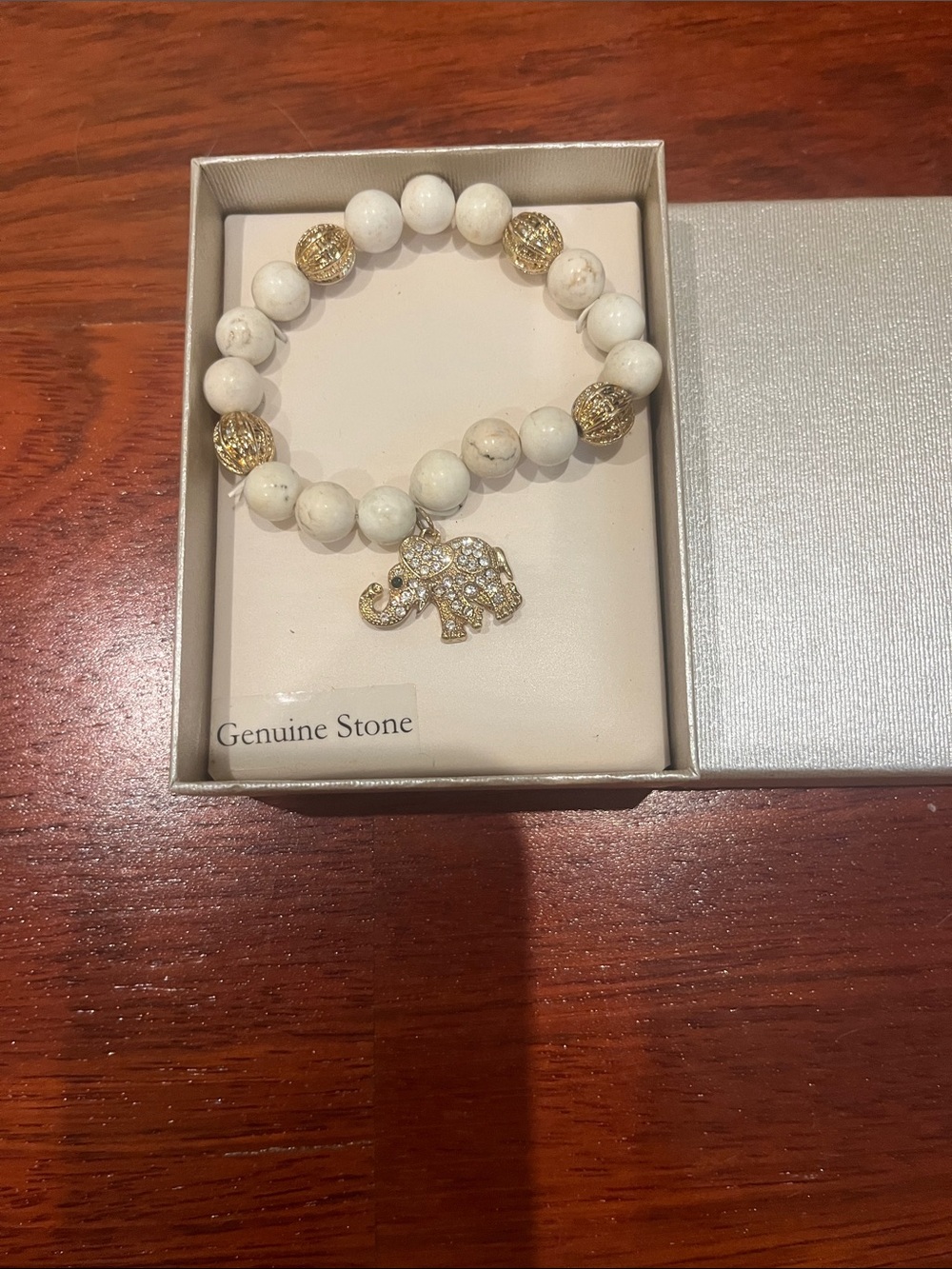 White Howlite Stretch Bracelet with Gold Elephant Charm
